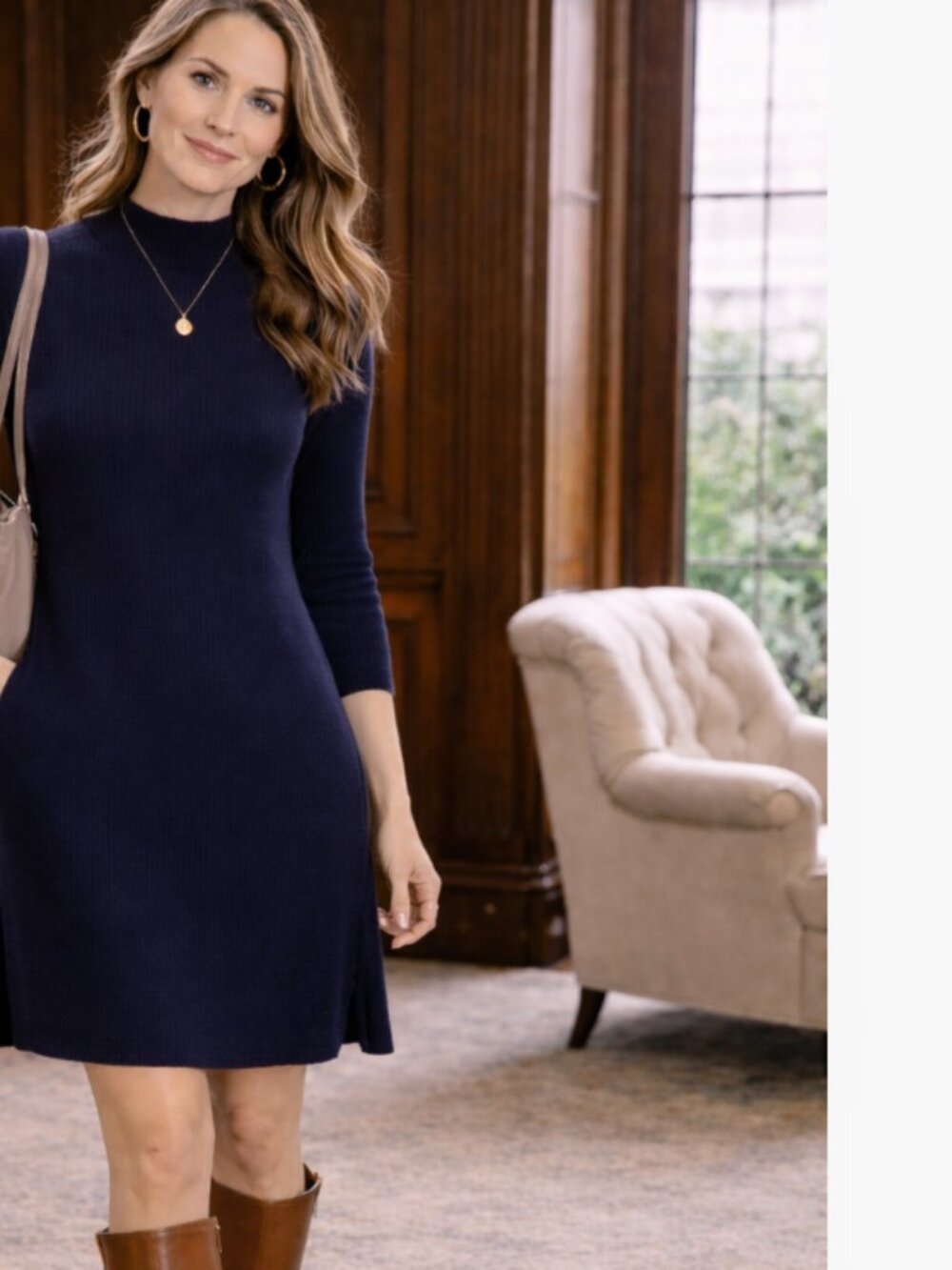 Michael Stars Navy Mock Neck Tunic Dress – Fine Rib Rayon Lycra | Side Slits OS